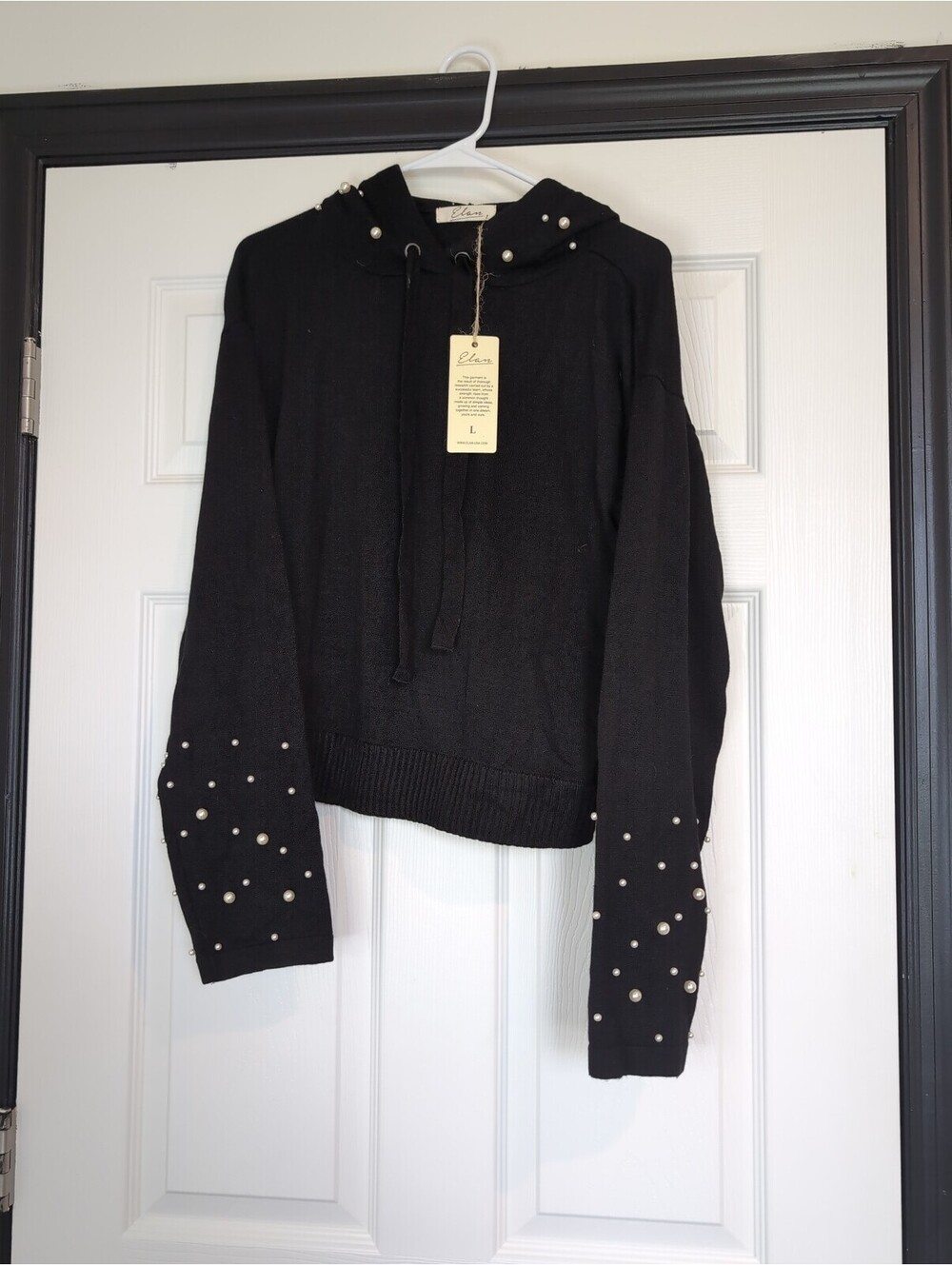 Large NWT Elan black pearl embellished hooded sweater